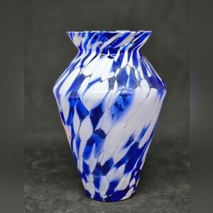 Mouth Blown Czech Crystal Glass Blue Swirl Vase